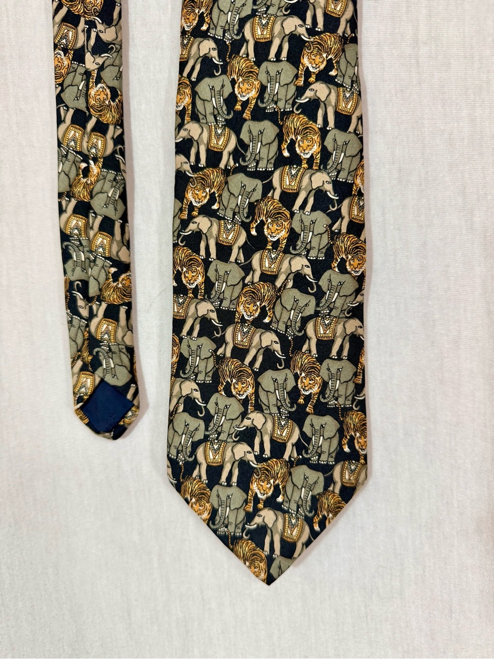 Brooks Brothers Men's Black Tie with Gold & Gray Elephant and Tiger Pattern